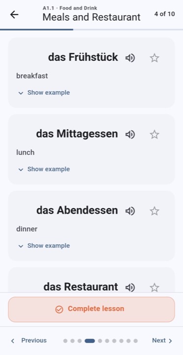 A vocabulary lesson list